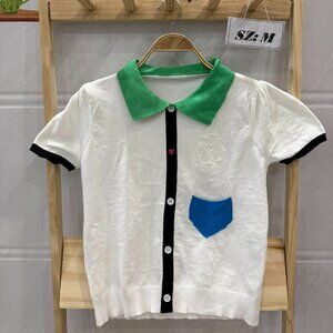White Colorblock Polo Knit Button Top Cute Preppy Tee